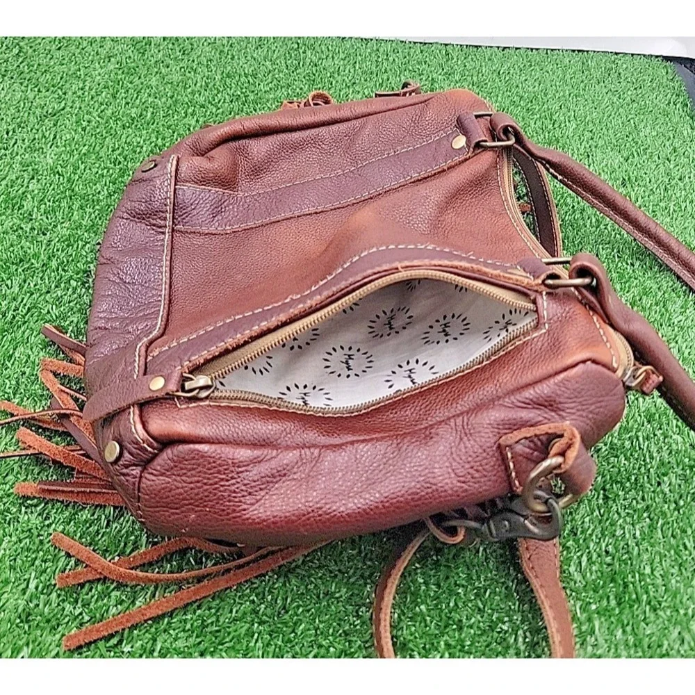 Myra Bag Leather Aztec Fringe Crossbody Bag | Southwestern Brown Saddle Blanket - Picture 6 of 7